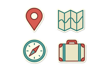 Essential travel and navigation icons featuring a map, compass, location pin, and suitcase for journey planning