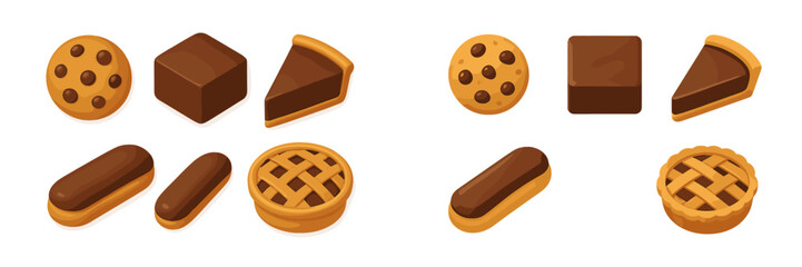 Delicious assortment of sweet chocolate baked goods and pastries including cookies, brownies, eclairs, and pies