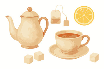 Elegant tea set collection featuring a teapot, teacup, tea bag, fresh lemon slice, and sugar cubes for a cozy warm beverage