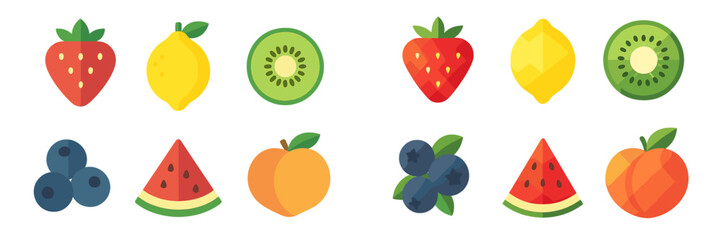 Fresh healthy fruits and berries including strawberries, lemons, kiwis, blueberries, watermelons, and peaches