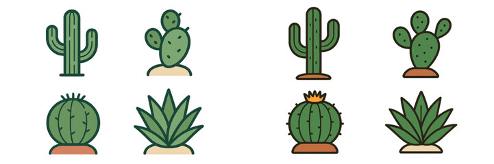 Stylized collection of various desert cacti and succulent plants in different shapes and sizes on white background
