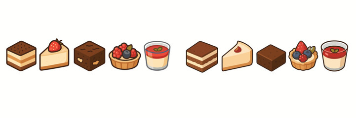 Collection of various sweet desserts and pastries, featuring layered cakes, fruit tarts, rich brownies, and creamy puddings