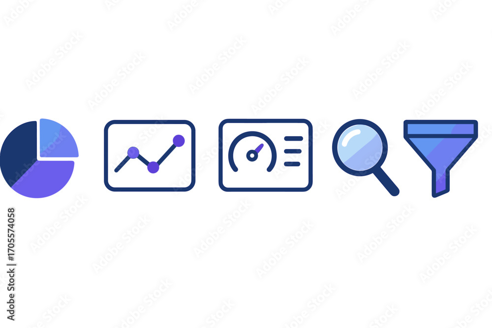 Poster business data analysis and search icons with pie chart, line graph, performance gauge, magnifying gl
