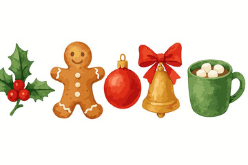Festive holiday elements collection featuring gingerbread man, holly, Christmas ornament, golden bell, and hot chocolate mug