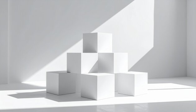 A minimalist presentation of multiple white cubes arranged in a structured display against a white backdrop, illuminated by natural light.