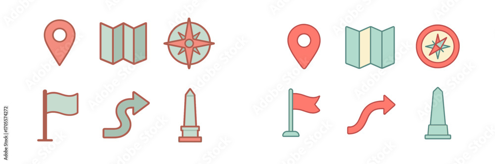 Poster modern flat design navigation and travel icons featuring map pins, compass, flags, folded maps, and 