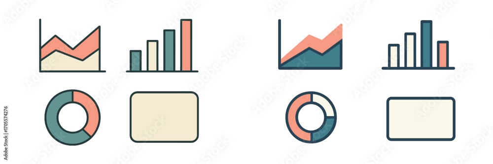 Aufkleber set of various statistical diagrams including bar graphs, line charts, and pie charts for data prese