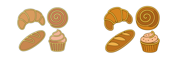 Delicious assortment of freshly baked goods including croissants, cinnamon rolls, baguette, and cupcake