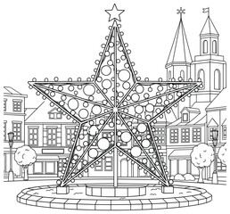 Fototapeta premium Christmas star illustration of a giant festive decoration with lights displayed in a town square with buildings and a church tower in the background
