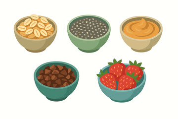Assortment of nutritious food ingredients in individual serving bowls including peanuts, chia seeds, peanut butter, chocolate chips, and fresh strawberries