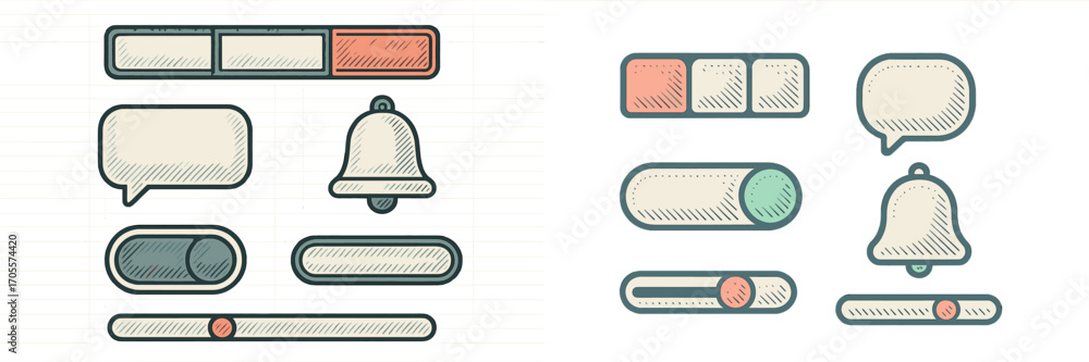 Poster retro user interface elements set with vintage style toggles, sliders, chat bubble, and notification