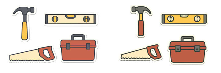 Collection of essential construction and DIY tools including hammer, saw, spirit level, and toolbox for home improvement