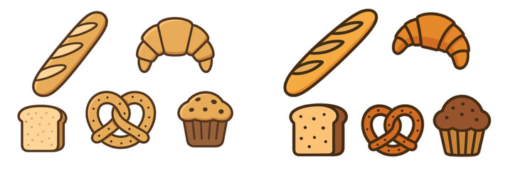Assortment of fresh baked goods and breakfast pastries including baguettes, croissants, sliced bread, pretzels, and muffins