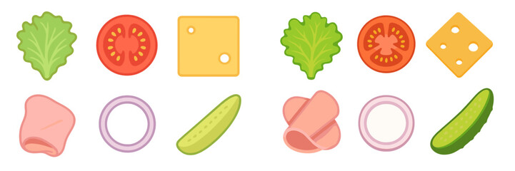 Colorful fresh sandwich and burger ingredients including crisp lettuce, ripe tomato, savory cheese, sliced ham, red onion, and cucumber