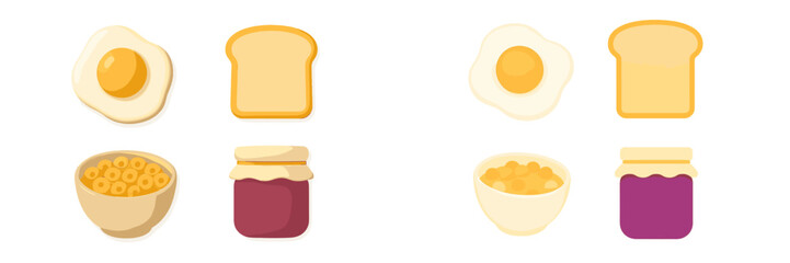 Delicious breakfast food items set including fried egg, toast, cereal bowl, and jam jar for morning meal
