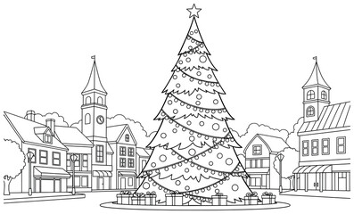 Christmas tree illustration of a large festive evergreen with ornaments, string lights, and presents at the base displayed in a town square with historic buildings