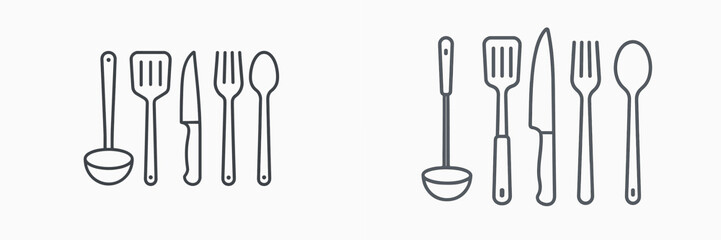 Modern minimalist line art icon set of kitchen tools and dining implements including a soup ladle, slotted spatula, chef's knife, dinner fork, and serving spoon