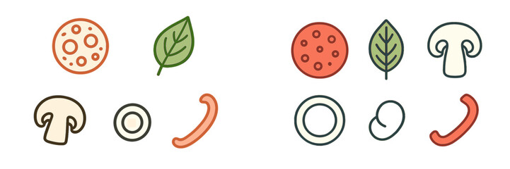 Collection of fresh pizza ingredients including pepperoni, mushrooms, basil, olives, and bell peppers