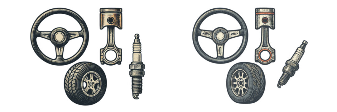 Detailed set of essential automotive components including steering wheel, engine piston, spark plug, and car wheel