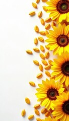 Obraz premium Numerous sunflower seeds scattered, white backdrop, healthy, close-up