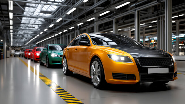 Modern car manufacturing robot assembly line with red vehicle in high-tech factory, showcasing automated production and innovation