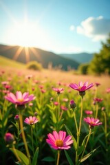 Obraz premium Sun-drenched field, vibrant pink wildflowers sway gently in breeze, sun, fresh, bright