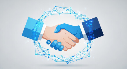 Two hands shaking, one human and one robotic, surrounded by a connected network of blue lines and nodes, symbolizing partnership and technology.