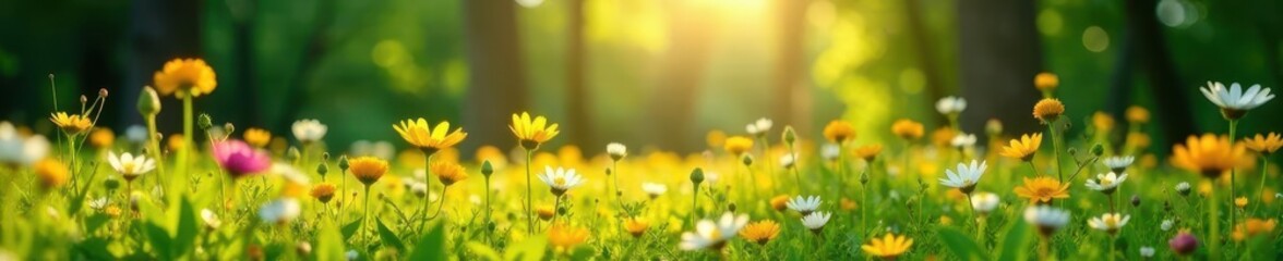 Fototapeta premium Sunlit meadow wildflowers, lush green forest backdrop, sunlight, ecosystem
