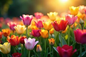 Obraz premium Sunlit, multicolored flowers, tightly arranged, floral, celebration, spring flowers