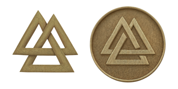 Textured Norse knot valknut separated and engraved on a coin, isolated on transparent background