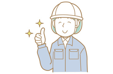 サムズアップをする作業着にヘルメットの女性のイラスト
