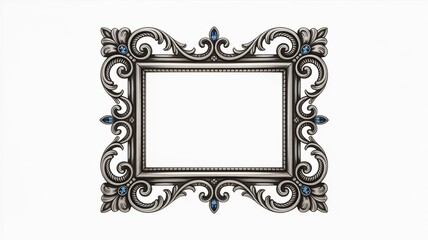 Elegant antique ornate silver frame with blue gem accents, perfect for vintage photos or invitations.