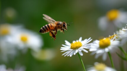 A honey bee is flying towards a daisy flower in a field, with other daisies in the background on a sunny day