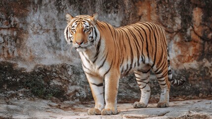 Majestic Bengal Tiger Standing on Rocky Cliffside, Symbolizing Power and Natural Beauty Perfect for NatureFocused Projects or HighEnergy Campaigns.