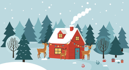 Festive Red Cabin with Reindeer and Christmas Decorations in Winter Scene