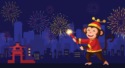 Cheerful Monkey Celebrating with Firecracker, Wearing Festive Costume