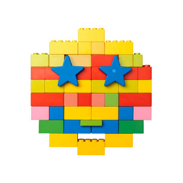 Colorful toy brick construction with blue stars and transparent background