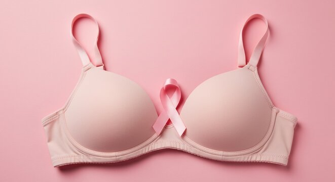 Pink bra with awareness ribbon womens health support and breast cancer - Powered by Adobe