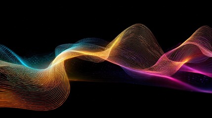Abstract colorful glowing wavy lines creating a dynamic pattern on a dark black background