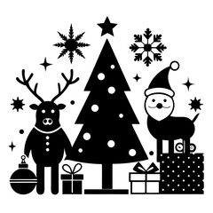 christmas, silhouette, holiday, vector, tree, winter, animal, decoration, design, icon, joy, reindeer, snowflake, art, collection, festive, illustration, bell, black, card, celebration, december, natu