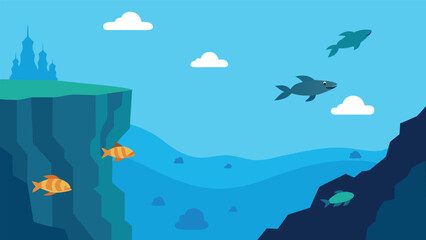 Obraz premium Breathtaking underwater cliffside scene with schools of fish and marine life vector illustration
