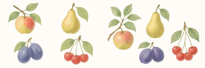 Botanical collection of fresh ripe apples pears plums and cherries with vibrant green leaves on natural branches
