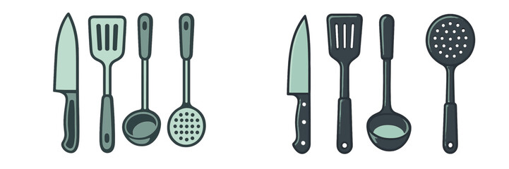 Modern kitchen cooking utensils and cutlery set featuring a sharp chef's knife, wide slotted spatula, deep soup ladle, and perforated serving spoon