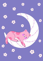 Colorful posters with adorable kitten sleeping on a moon