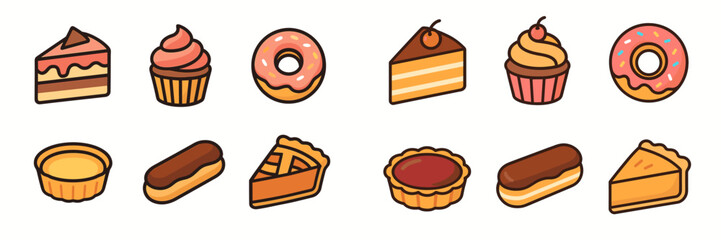 Assortment of sweet baked goods and pastries including cakes, cupcakes, donuts, eclairs, and tarts with colorful toppings