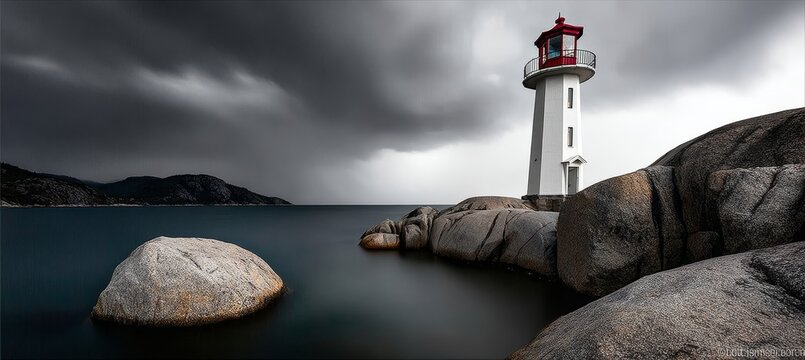 Majestic Lighthouse Standing Tall Against Turbulent Waves, Capturing Stormy Weather at the Coastline