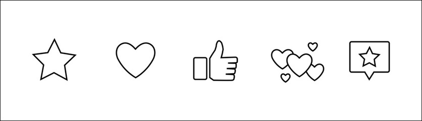 Set of 5 black outline icons: star, heart, thumbs up, love hearts, and review mark. Symbols for rating, feedback, like, and customer experience design in apps, websites, or social media.