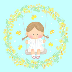 ミモザの花とブランコに乗るかわいい女の子のイラスト