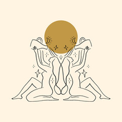 Celestial Twins Pouring Water Line Art Illustration Clipart Divine Sisterhood Concept