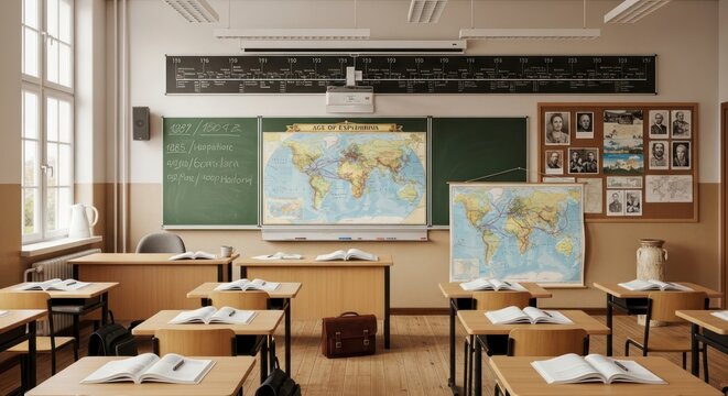 Empty Classroom with Maps and Desks in Warm Neutral Tones